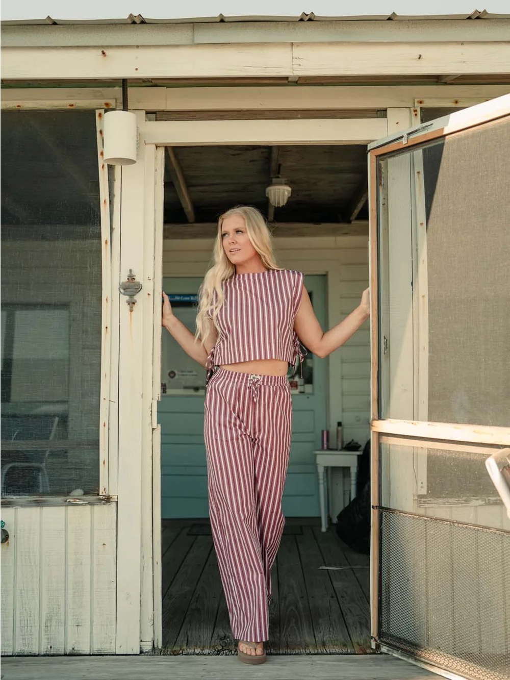 Tribe Kelley Grayton Striped Crop Top & Wide Leg Pants Set in Vintage Red Sz XS